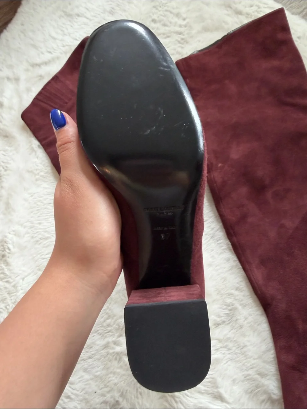 Yves Saint Laurent Burgundy Suede Over-the-Knee Block Heel Boots